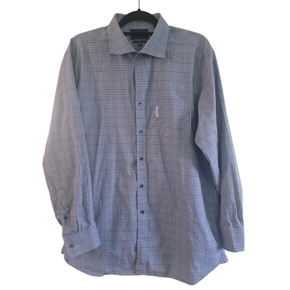 Faconnable Club Dress Shirt 17.5 L Blue Brown Check 100% Cotton Button Dow - Picture 1 of 11
